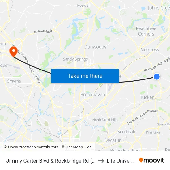 Jimmy Carter Blvd & Rockbridge Rd (Ihop) to Life University map