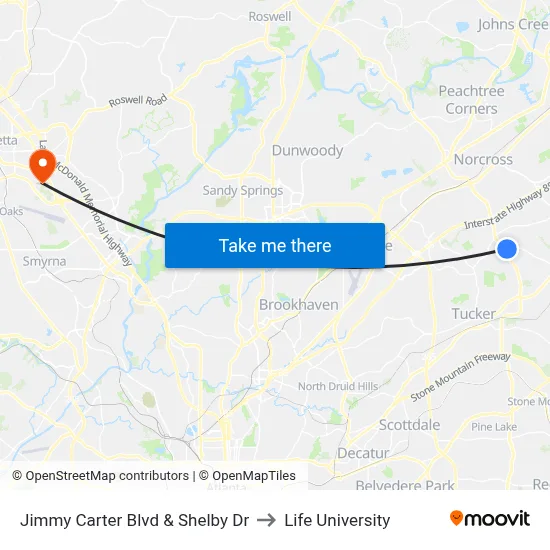 Jimmy Carter Blvd & Shelby Dr to Life University map