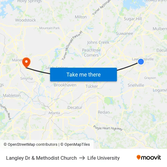 Langley Dr & Methodist Church to Life University map