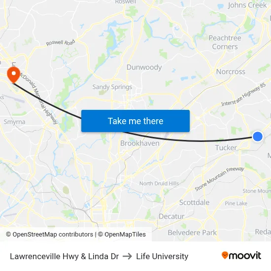 Lawrenceville Hwy & Linda Dr to Life University map