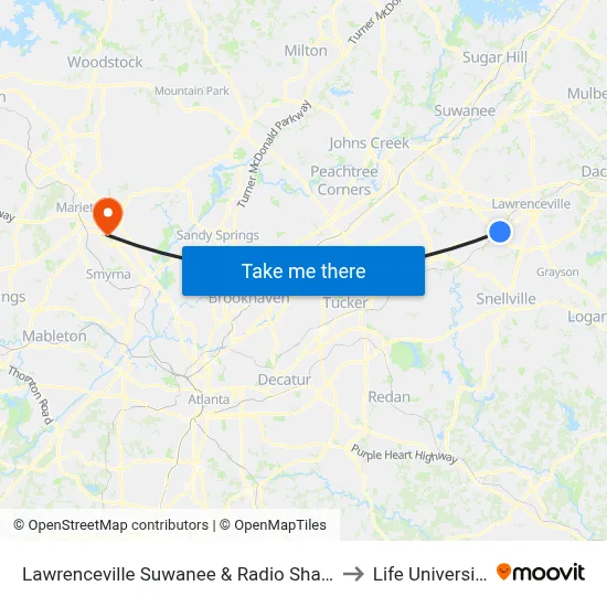 Lawrenceville Suwanee & Radio Shack to Life University map