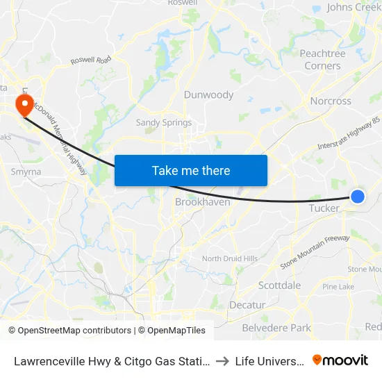 Lawrenceville Hwy & Citgo Gas Station to Life University map