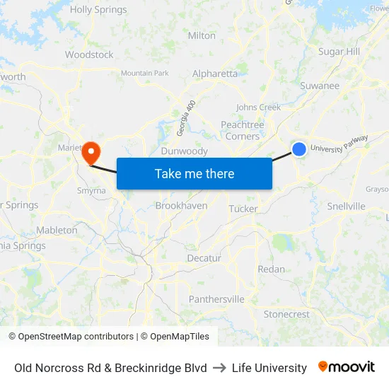 Old Norcross Rd & Breckinridge Blvd to Life University map