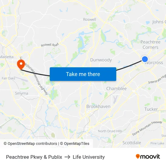 Peachtree Pkwy & Publix to Life University map