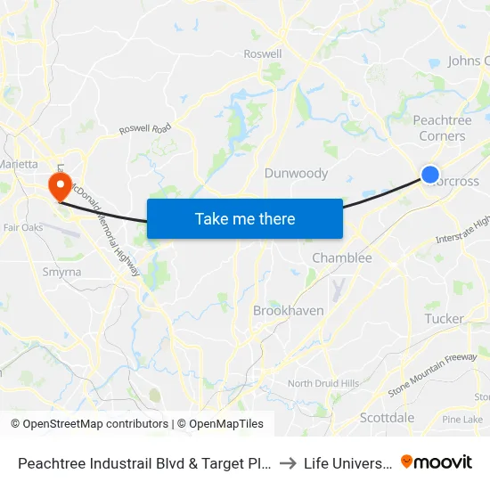 Peachtree Industrail Blvd & Target Plaza to Life University map