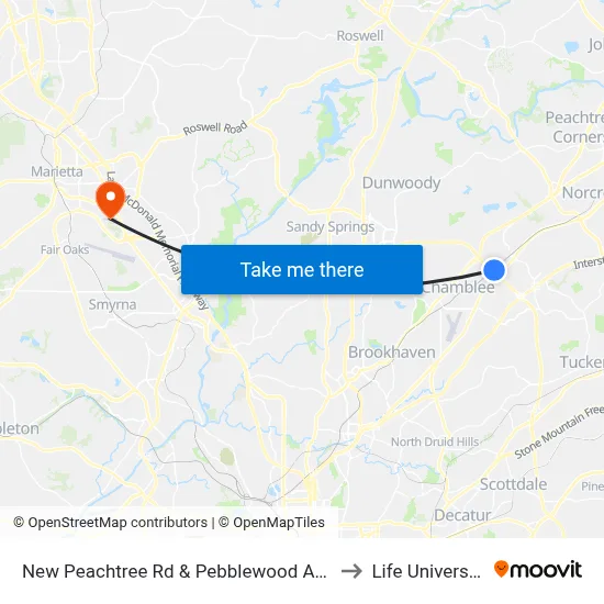 New Peachtree Rd & Pebblewood Apts to Life University map