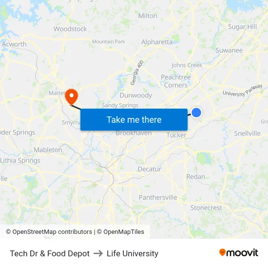 Tech Dr & Food Depot to Life University map