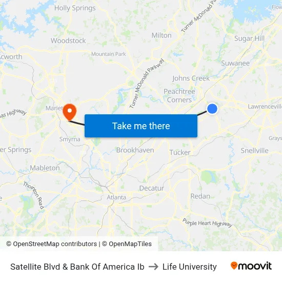 Satellite Blvd & Bank Of America Ib to Life University map