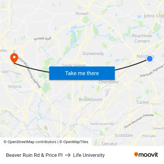 Beaver Ruin Rd & Price Pl to Life University map