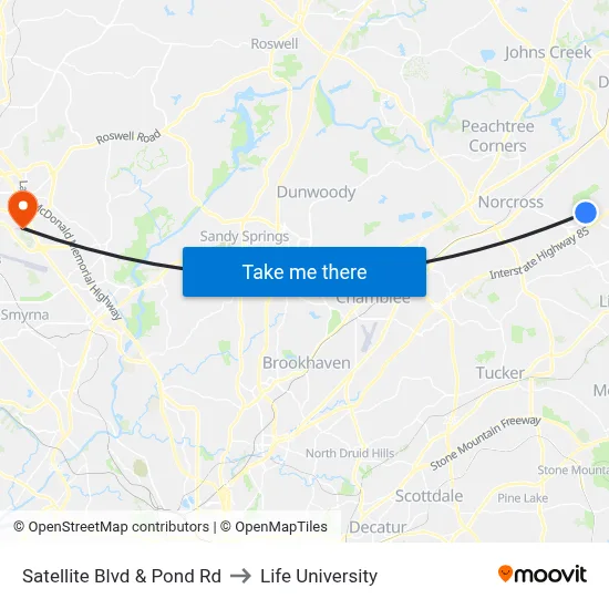 Satellite Blvd & Pond Rd to Life University map