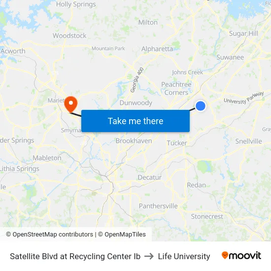 Satellite Blvd at Recycling Center Ib to Life University map