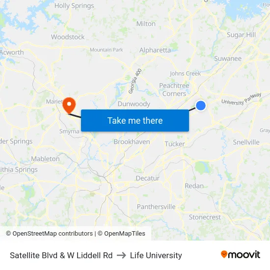 Satellite Blvd & W Liddell Rd to Life University map