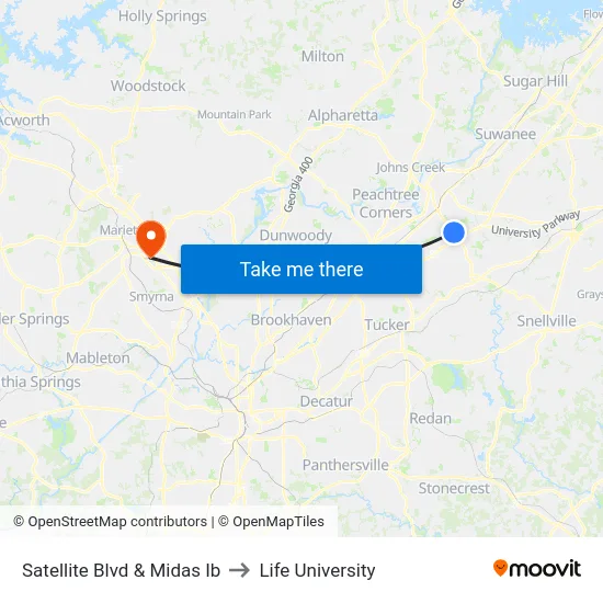 Satellite Blvd & Midas Ib to Life University map