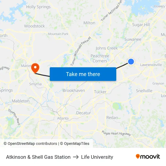 Atkinson & Shell Gas Station to Life University map