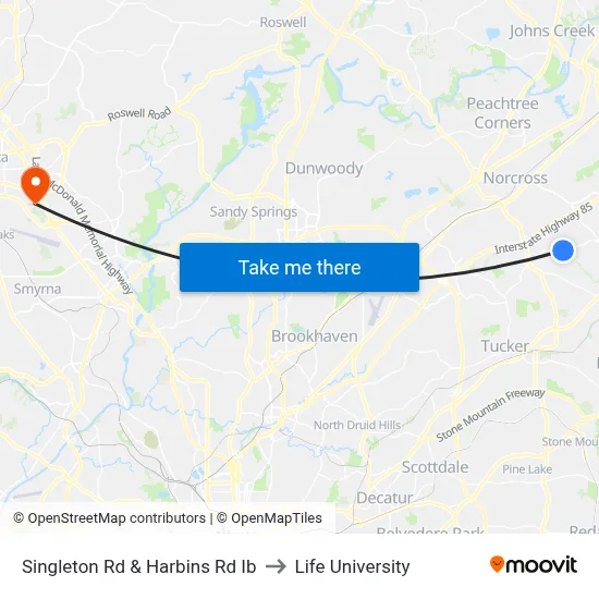 Singleton Rd & Harbins Rd Ib to Life University map