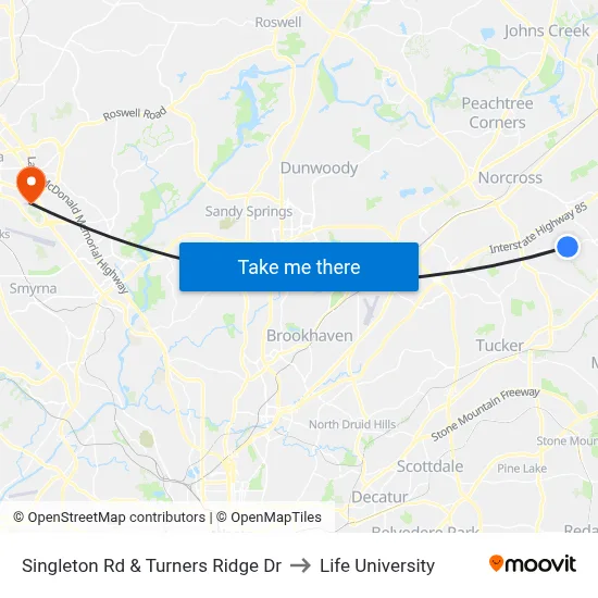 Singleton Rd & Turners Ridge Dr to Life University map