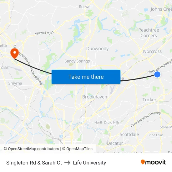 Singleton Rd & Sarah Ct to Life University map