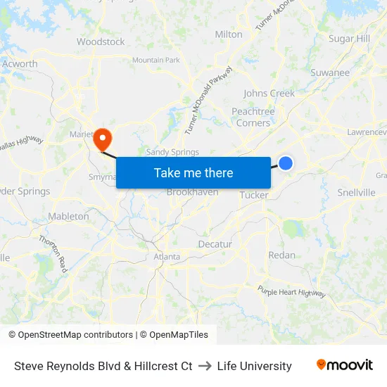 Steve Reynolds Blvd & Hillcrest Ct to Life University map