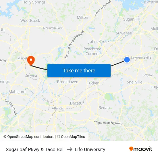Sugarloaf Pkwy & Taco Bell to Life University map