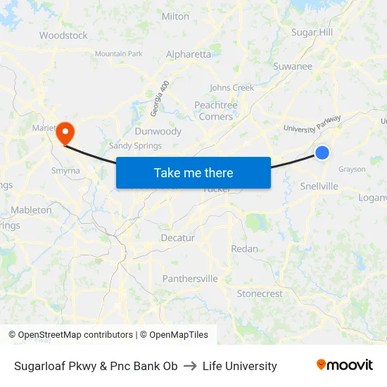 Sugarloaf Pkwy & Pnc Bank Ob to Life University map