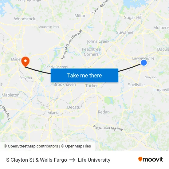 S Clayton St & Wells Fargo to Life University map
