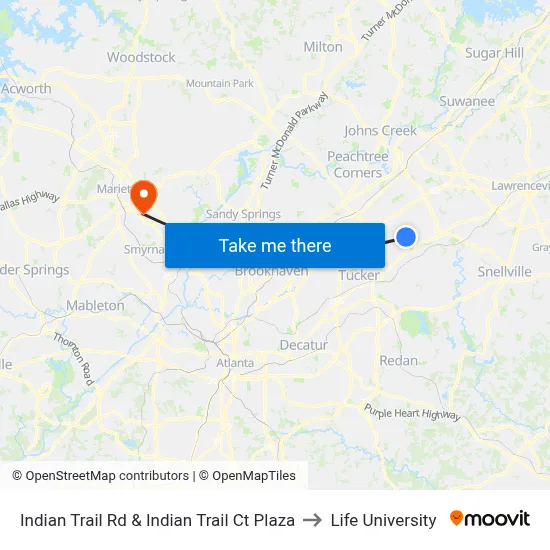 Indian Trail Rd & Indian Trail Ct Plaza to Life University map