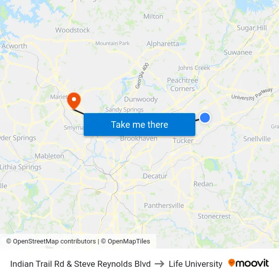Indian Trail Rd & Steve Reynolds Blvd to Life University map