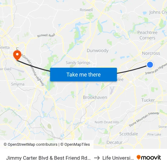 Jimmy Carter Blvd & Best Friend Rd Ib to Life University map
