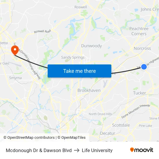 Mcdonough Dr & Dawson Blvd to Life University map