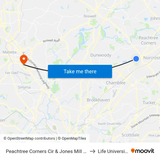Peachtree Corners Cir & Jones Mill Ct to Life University map