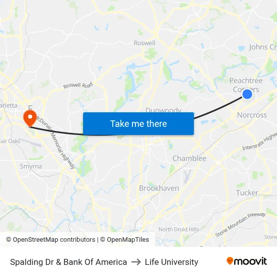 Spalding Dr & Bank Of America to Life University map