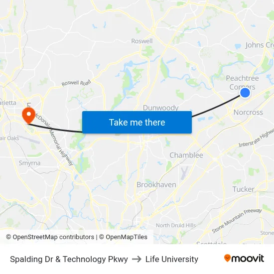 Spalding Dr & Technology Pkwy to Life University map
