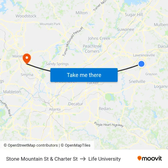 Stone Mountain St & Charter St to Life University map