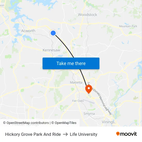 Hickory Grove Park And Ride to Life University map