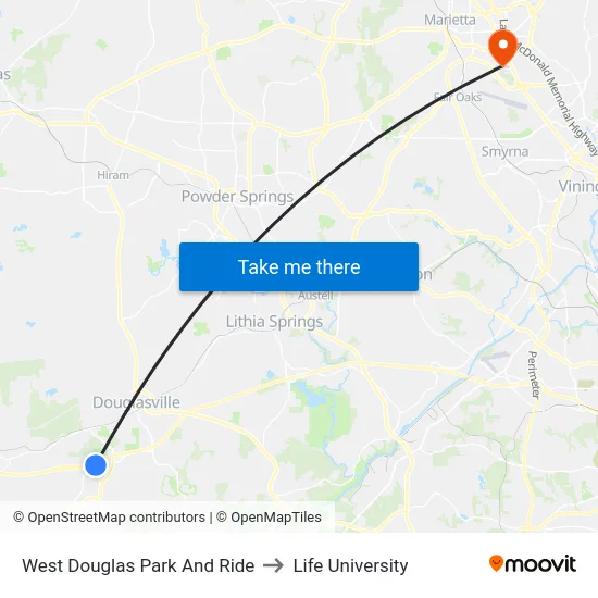 West Douglas Park And Ride to Life University map