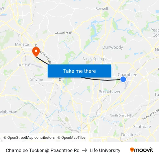 Chamblee Tucker @ Peachtree Rd to Life University map