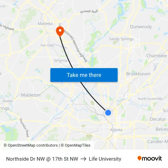Northside Dr NW @ 17th St NW to Life University map