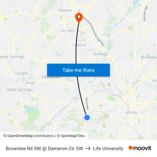 Brownlee Rd SW @ Dameron Cir SW to Life University map