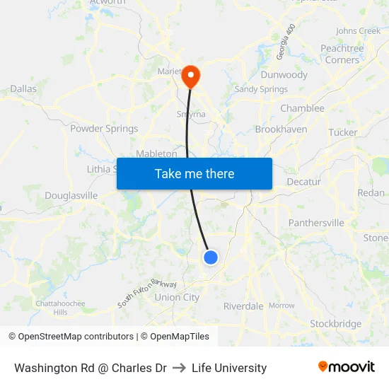 Washington Rd @ Charles Dr to Life University map