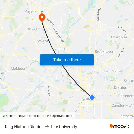 King Historic District to Life University map