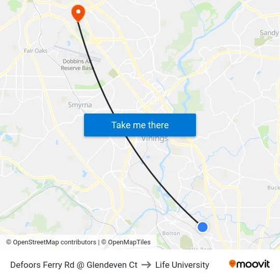 Defoors Ferry Rd @ Glendeven Ct to Life University map