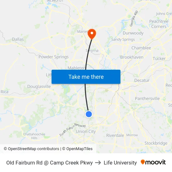 Old Fairburn Rd @ Camp Creek Pkwy to Life University map
