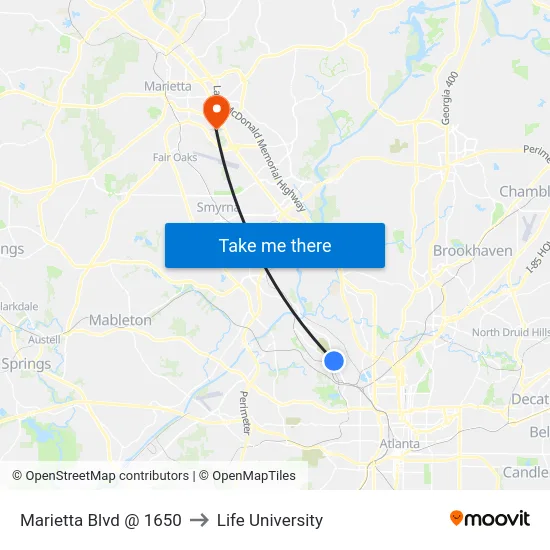 Marietta Blvd @ 1650 to Life University map