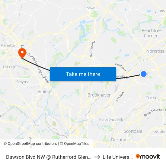 Dawson Blvd NW @ Rutherford Glen Cir to Life University map