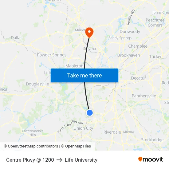 Centre Pkwy @ 1200 to Life University map