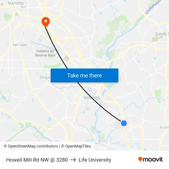 Howell Mill Rd NW @ 3280 to Life University map
