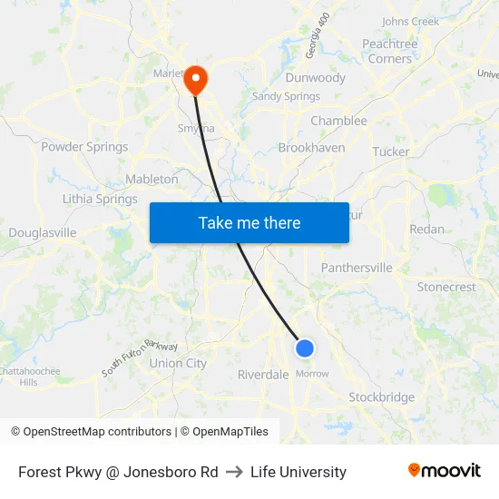 Forest Pkwy @ Jonesboro Rd to Life University map