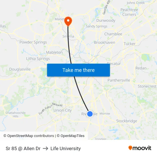 Sr 85 @ Allen Dr to Life University map