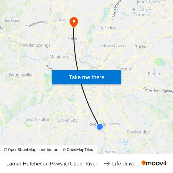 Lamar Hutcheson Pkwy @ Upper Riverdale Rd SW to Life University map