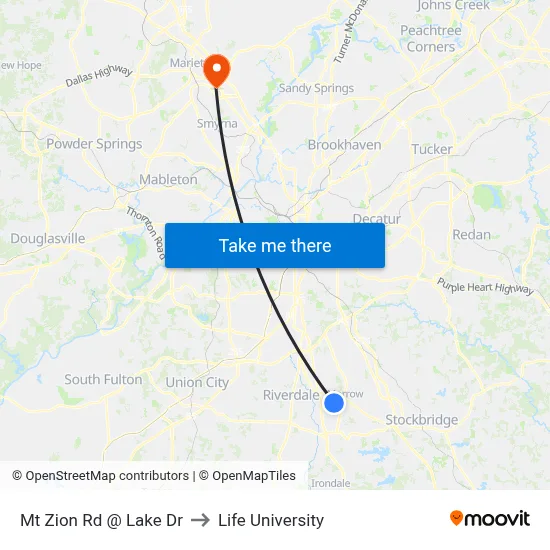 Mt Zion Rd @ Lake Dr to Life University map